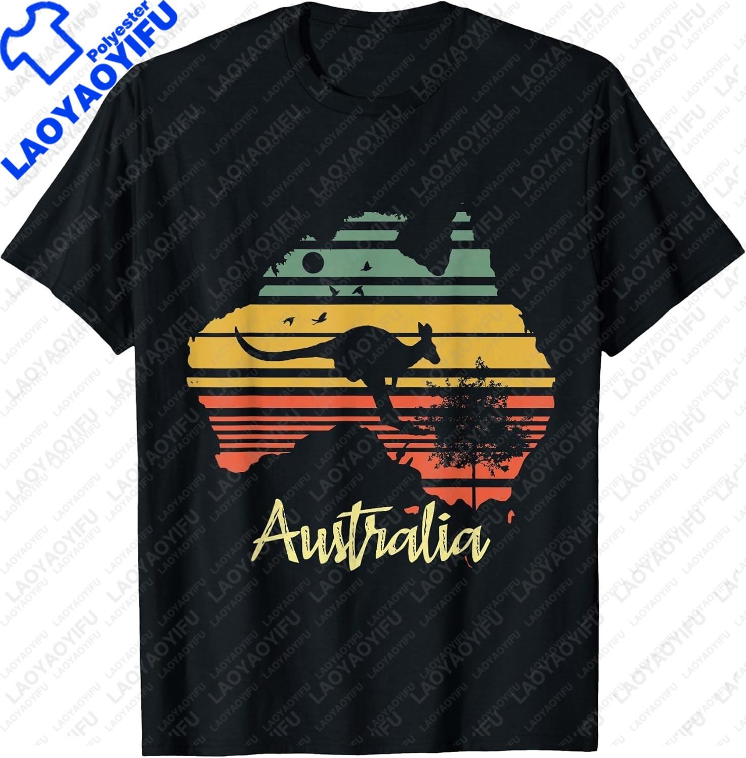 Ретро Карта Земель День Австралии Австралийский Кенгуру Футболка с коротким рукавом Круглый вырез Свободная и удобная Мужская одежда S