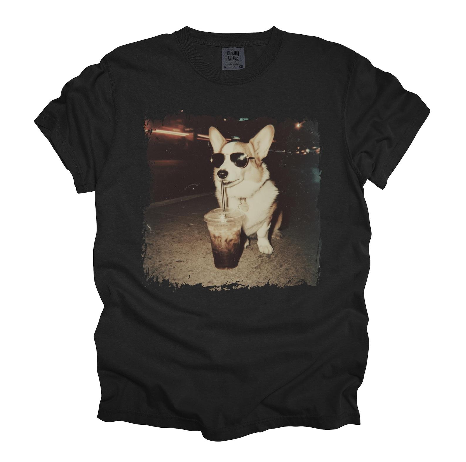 Corgi with Iced Coffee T-shirt | Meme Photo Print Tee XL