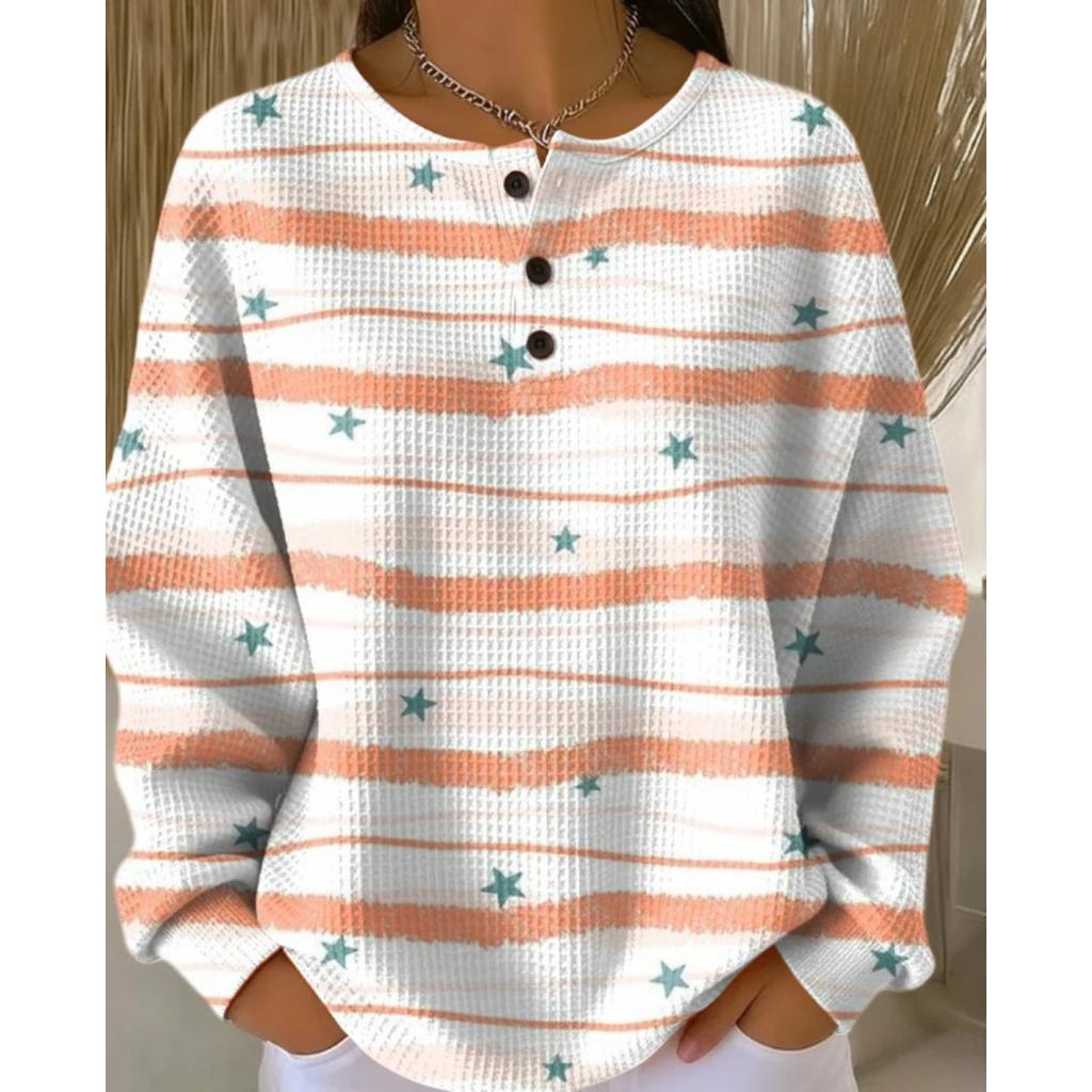 Women's Crew Neck Long Sleeve Waffle Knit Henley Top Loose Fit Casual Sweatshirt