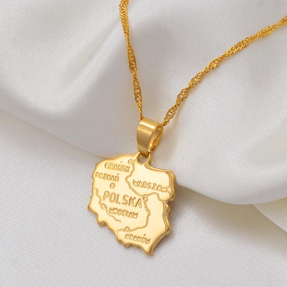 Anniyo Polska Map Pendant Necklaces  For Women Girls Gold Color Jewelry Map Of Poland Chain #004010 45cm Thin Chain