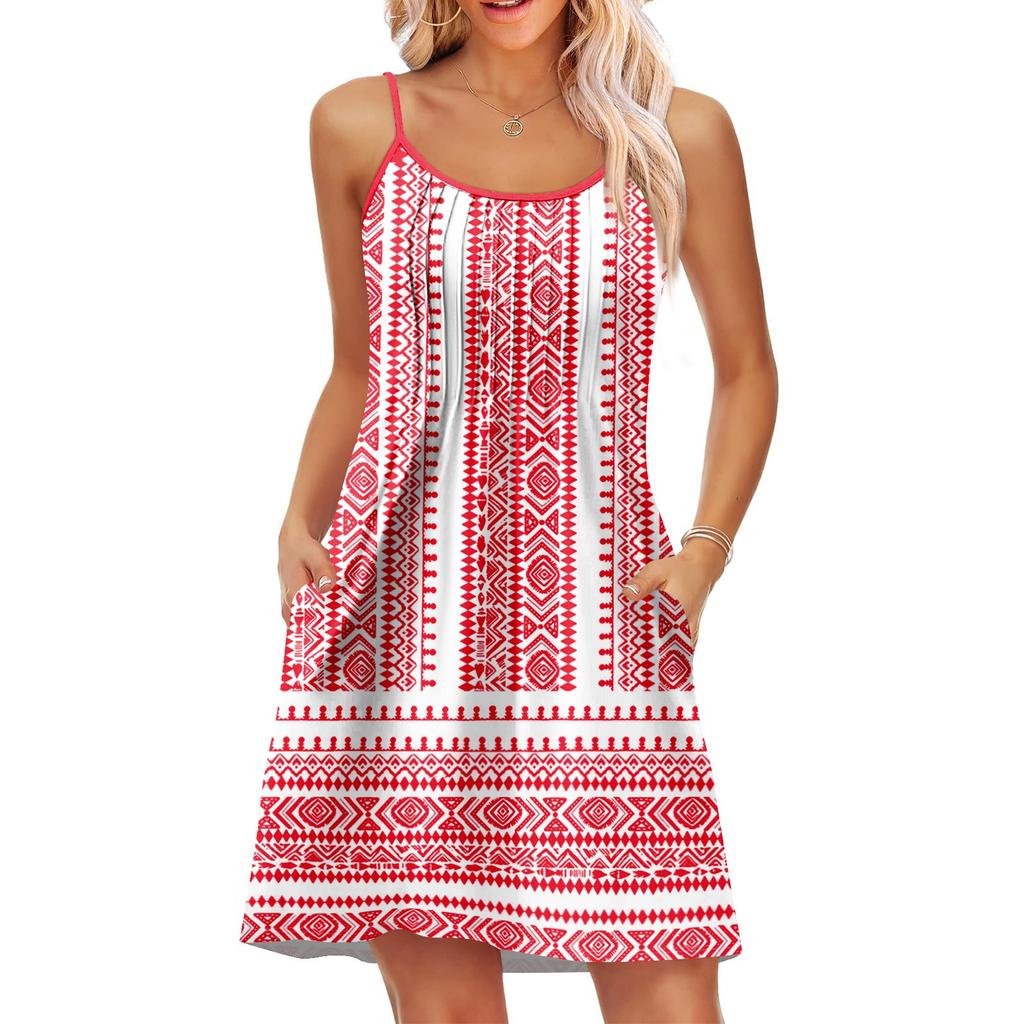 Fashion Women Summer Dress Vintage Floral Print Adjustable Spaghetti Straps Beach Vacation Casual Dress With Pockets