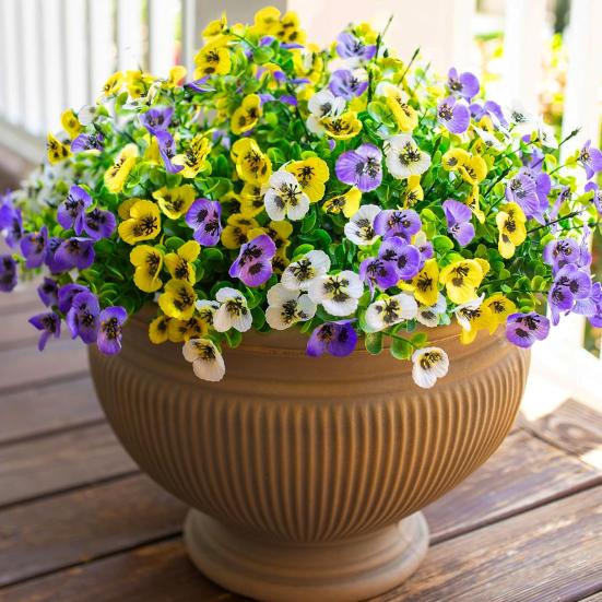 12 Pcs Artificial Pansy Flowers Outdoor UV Resistant Faux Silk Flowers Colorful Faux Pansies for Planter Window Box Front Porch Yard Patio Decor