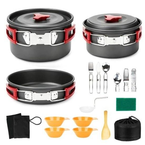 ALOCS Camp Cooker Set 21 Pieces Outdoor Pot Cooking Utensils Lightweight Aluminum Direct Fire Compatible Tableware Included 1-2 Person Use JFSL