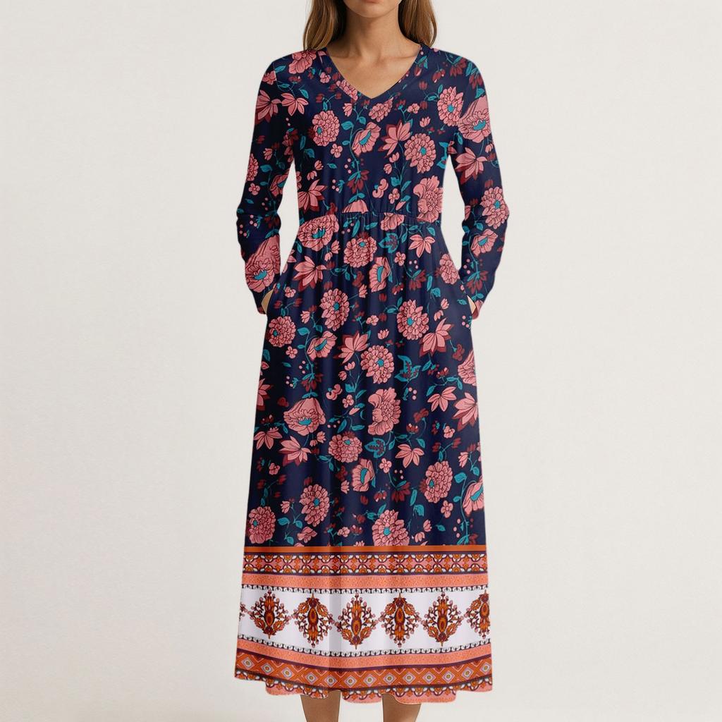Kjole for kvinner Lang Boho Strandkjole Elegant Maxikjole V-hals Langermet Kjole med Lommer