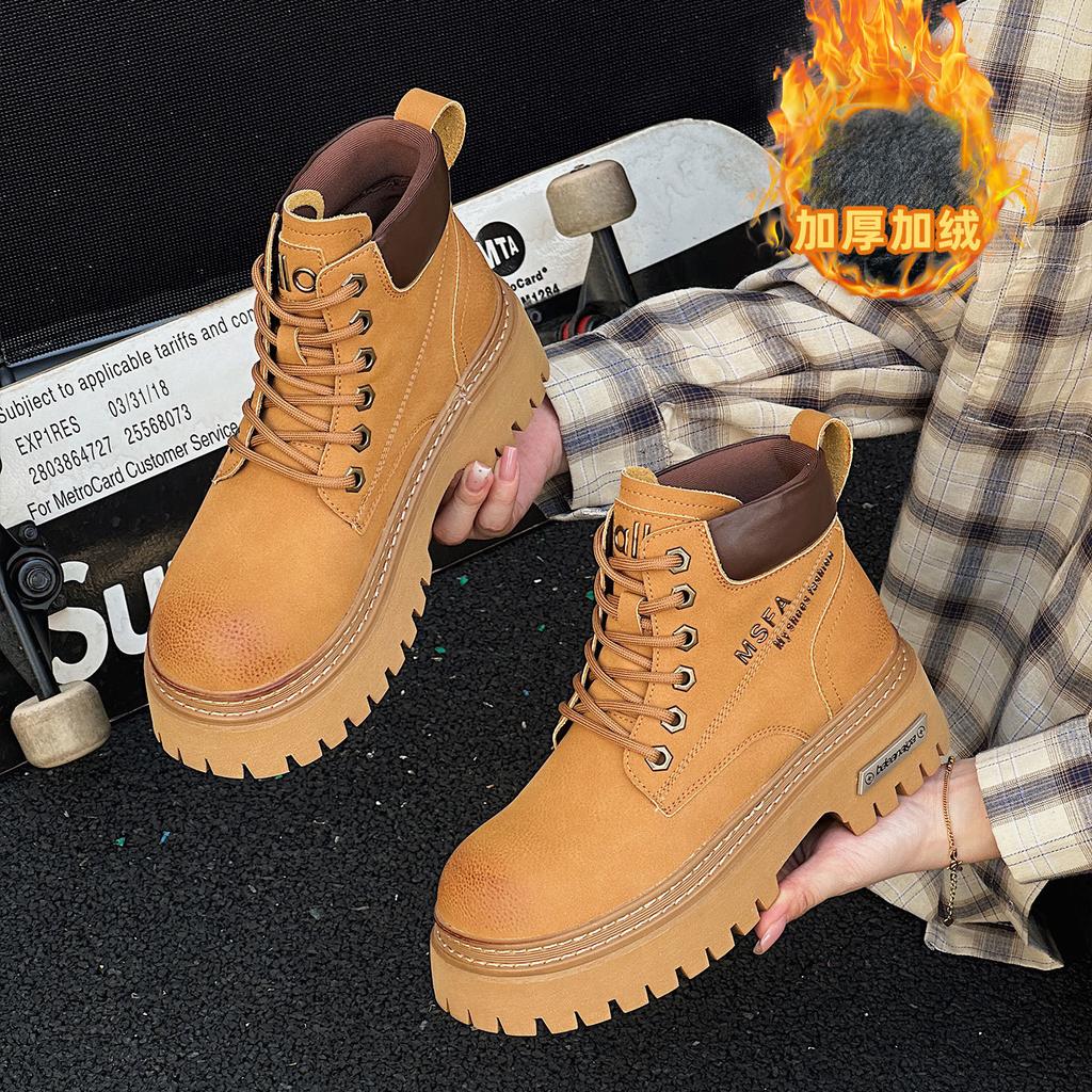 European leather thick-soled heightening rhubarb boots Martin boots women's autumn new British style short boots locomotive boots