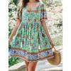 Women‘s V Neck Short Sleeve A-Line Mini Dress Print Loose Casual Summer Gown