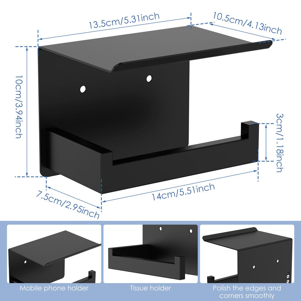 Toilet Paper Holder with Phone Shelf Wall Mounted Matte Black Toilet Roll Dispenser Stainless Steel Tissue Roll Holder for Home