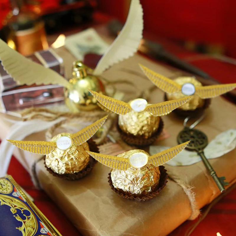 50Pcs Wings Chocolate Cake Party Cake Decoration Wizard Topper Gold Wing Cupcake Toppers Snitch Wedding Birthday Decor