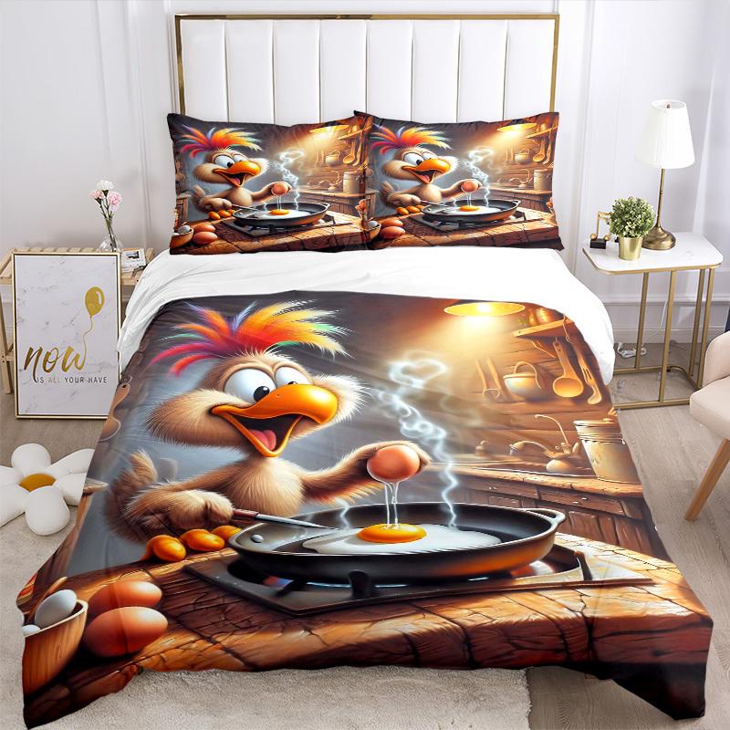 3pcs Anime Cartoon Chicken Bedding Set - Includes One Quilt Cover and Two Pillowcases (No Core) - Perfect for Bedroom and Guest Room Decorat