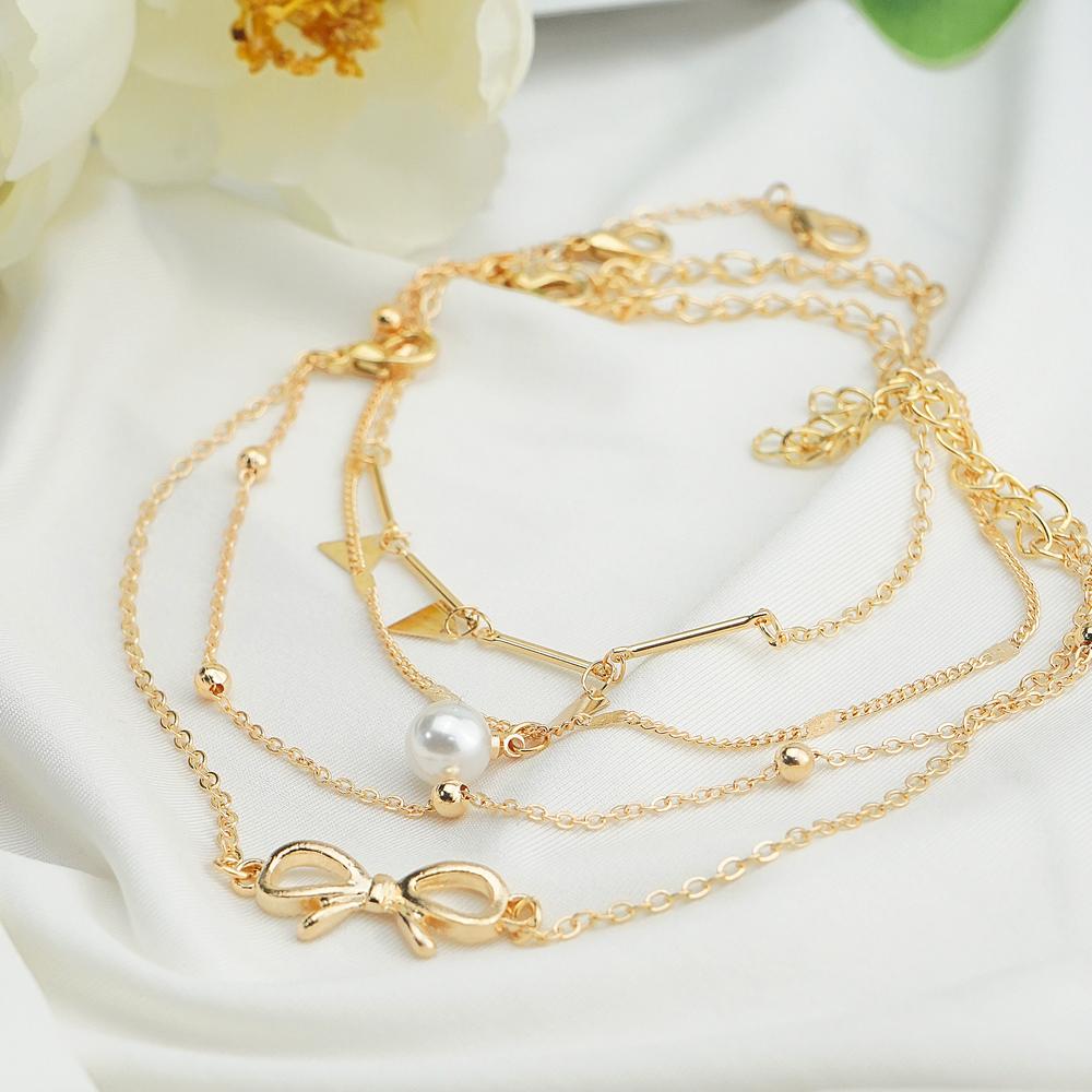 Women's Sequin Gold Anklet Summer Beach Anklet Triangle Bracelet Jewelry Pearl Set Gift