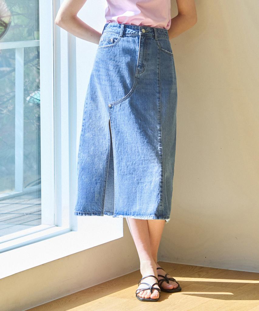 Deuloupisumeon Vertical Line Denim Long Skirt [Blue]