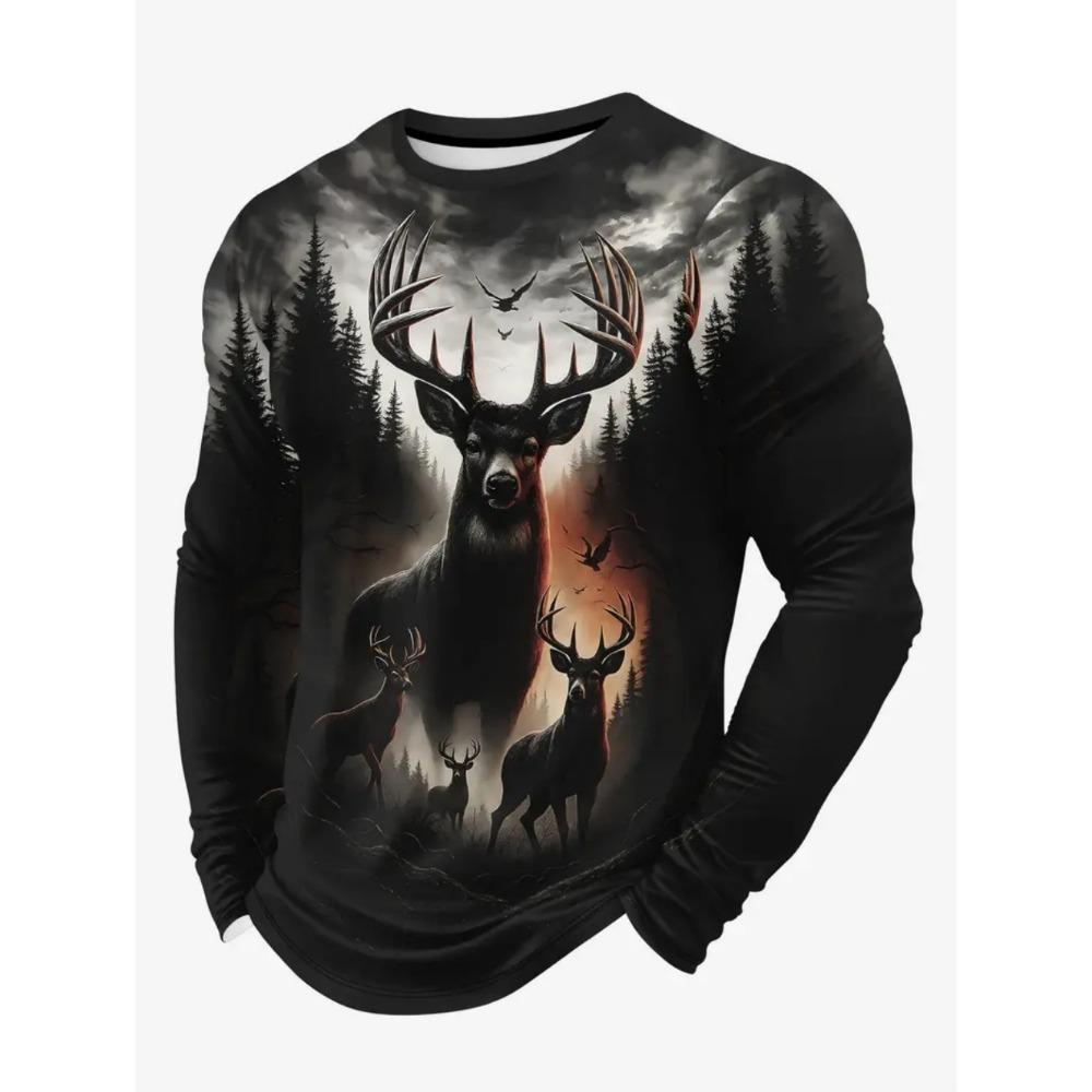 Vintage T-Shirt Animal Print Long Sleeve Tee Hunting Round Neck Shirt Fashion Spring Autumn Pullover Top Casual T Shirts for Man