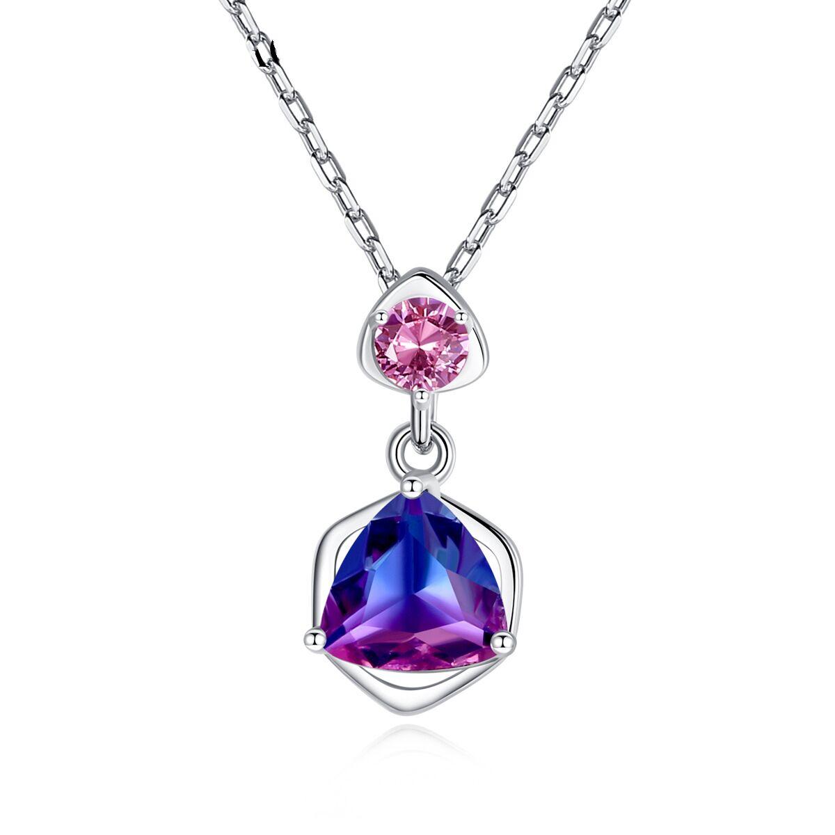 Fashion Jewelry 925 Sterling Silver Blue Purple Simulated Gemstone Rainbow Triangle Pendant Necklace for Women Anniversary Gift 18inches
