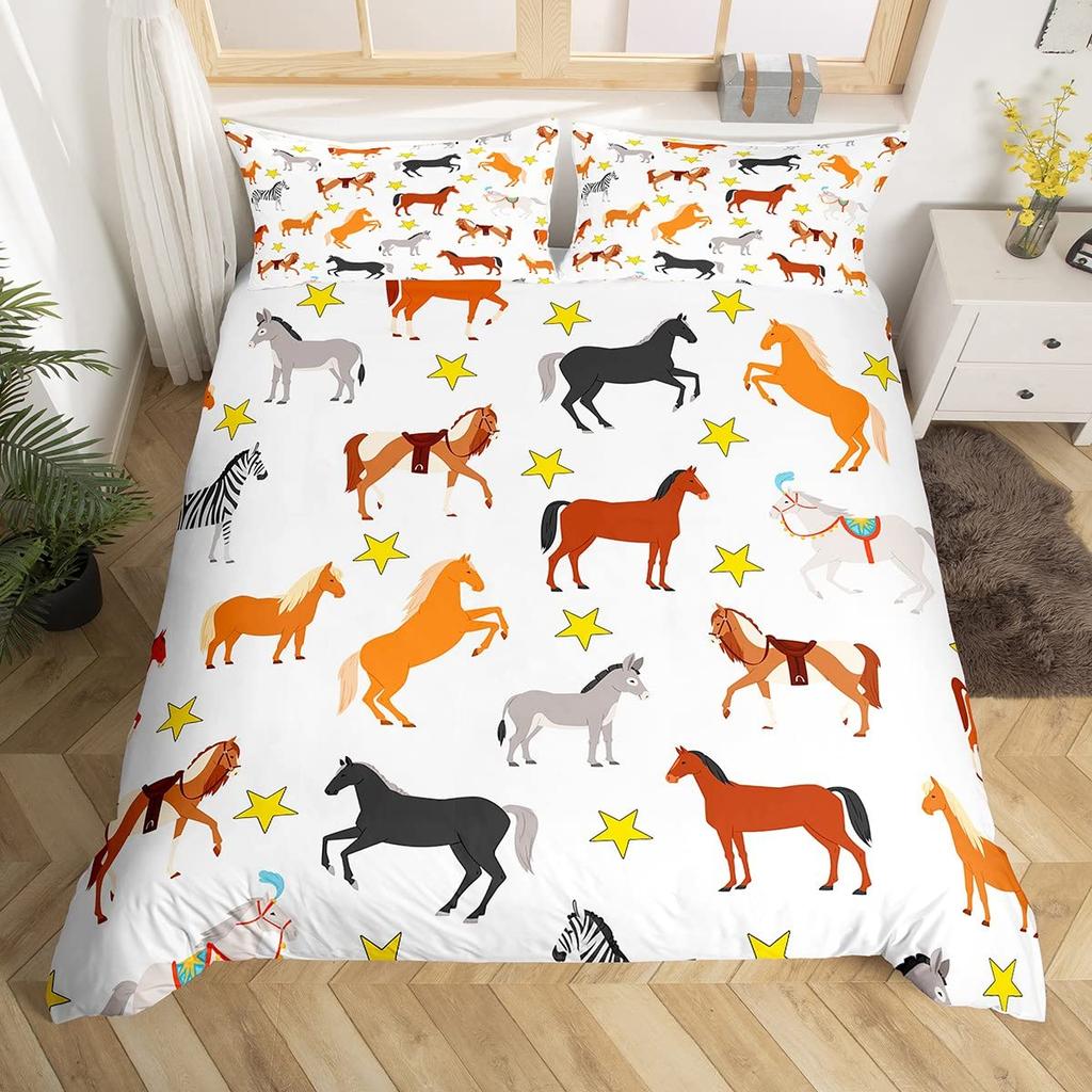 Animacinis arklys Antklodės užvalkalas Karališkas Karalienės Bėgantis arklys Antklodės užvalkalas Auksinės žvaigždės Patalynės komplektas Mielas gyvūnų dekoras Užvalkalas ant antklodės