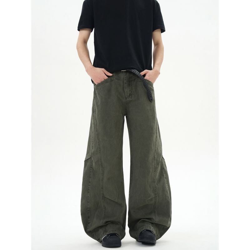 Kisko American Retro Distressed Three-Dimensional Deconstructed Army Green Scimitar Pants Unisex Design Loose Straight Pants