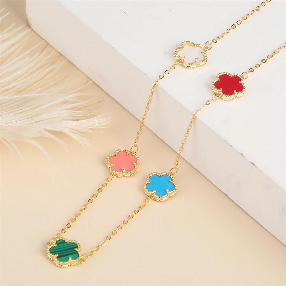 2024 Hot Sale 10 Colors Five-Leaf Flower Set Bracelet Necklace Classic Simple Women Zircon Set Suitable For Daily Party Wear