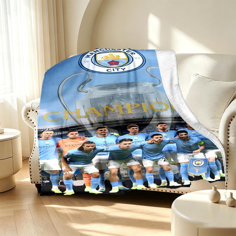 Manchester City FC Pattern Blanket for Home Decoration, Bed, Sofa, Car Travel, Camping, Suitable for All Seasons, Birthday Christmas Gift