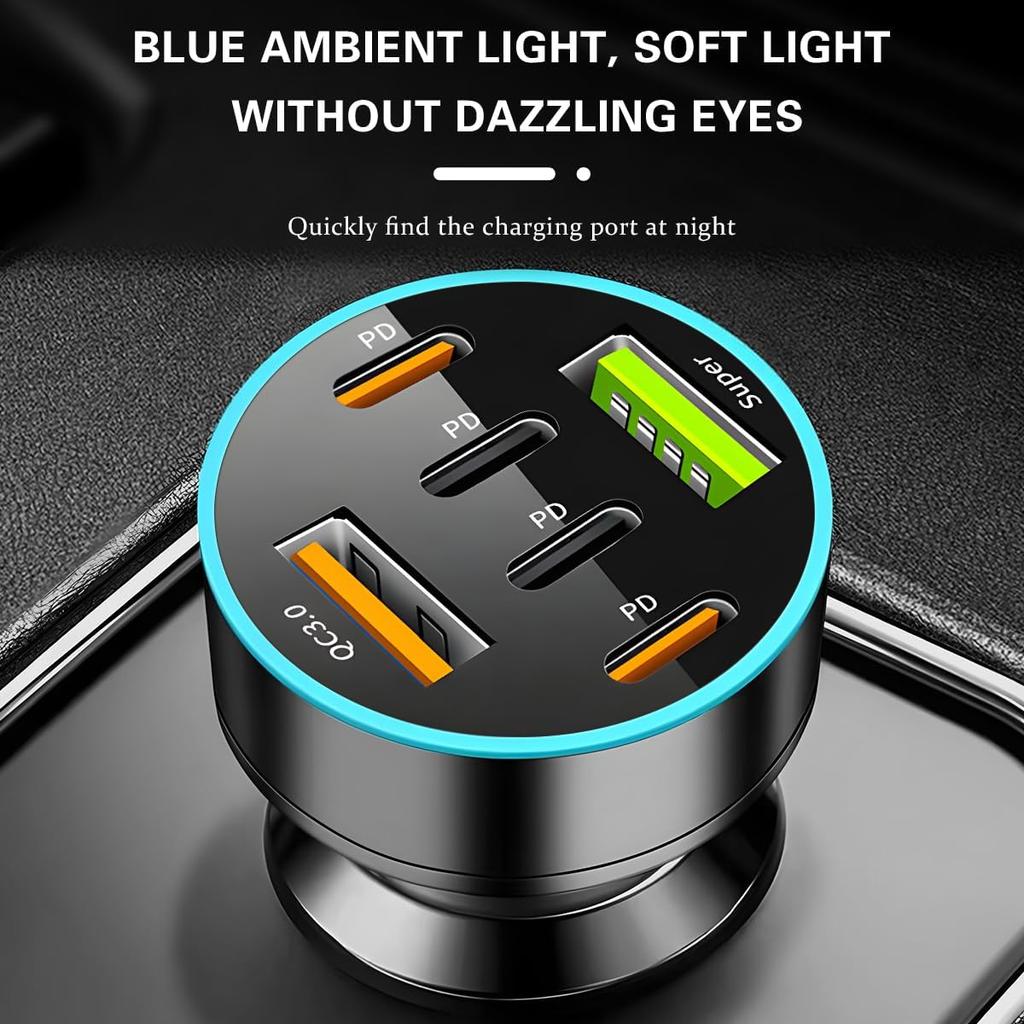 66W 6-Port Car Charger with PD & QC 3.0, 12-24V Fast Charging, Universal for Smartphones