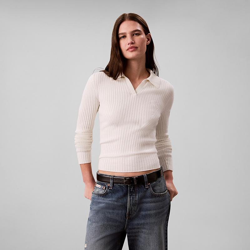 Calvin Klein Elegant Commuter Slim Fit Short Ribbed Seagull Collar Polo Knit Top Women tops 47H339G