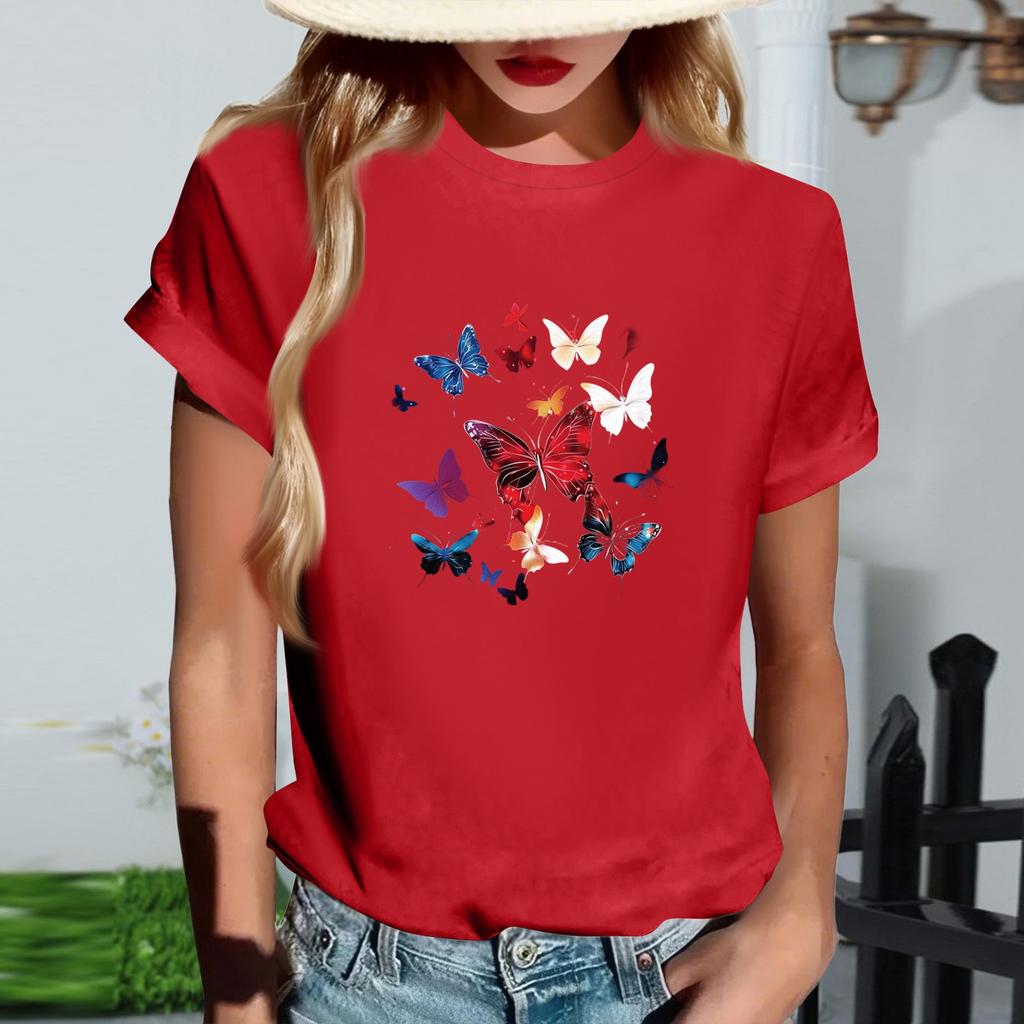 Women's Fashionable Round Neck Casual Retro Print Short Sleeved T-shirt Top