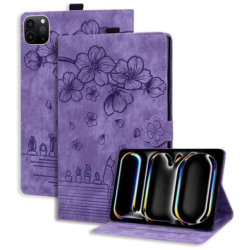 iPad Air 13-inch 2025 Leather Case, Cherry Blossom Cat Design, Card Slot, Stand Compatible with iPad 10.9 and Pro 11-inch
