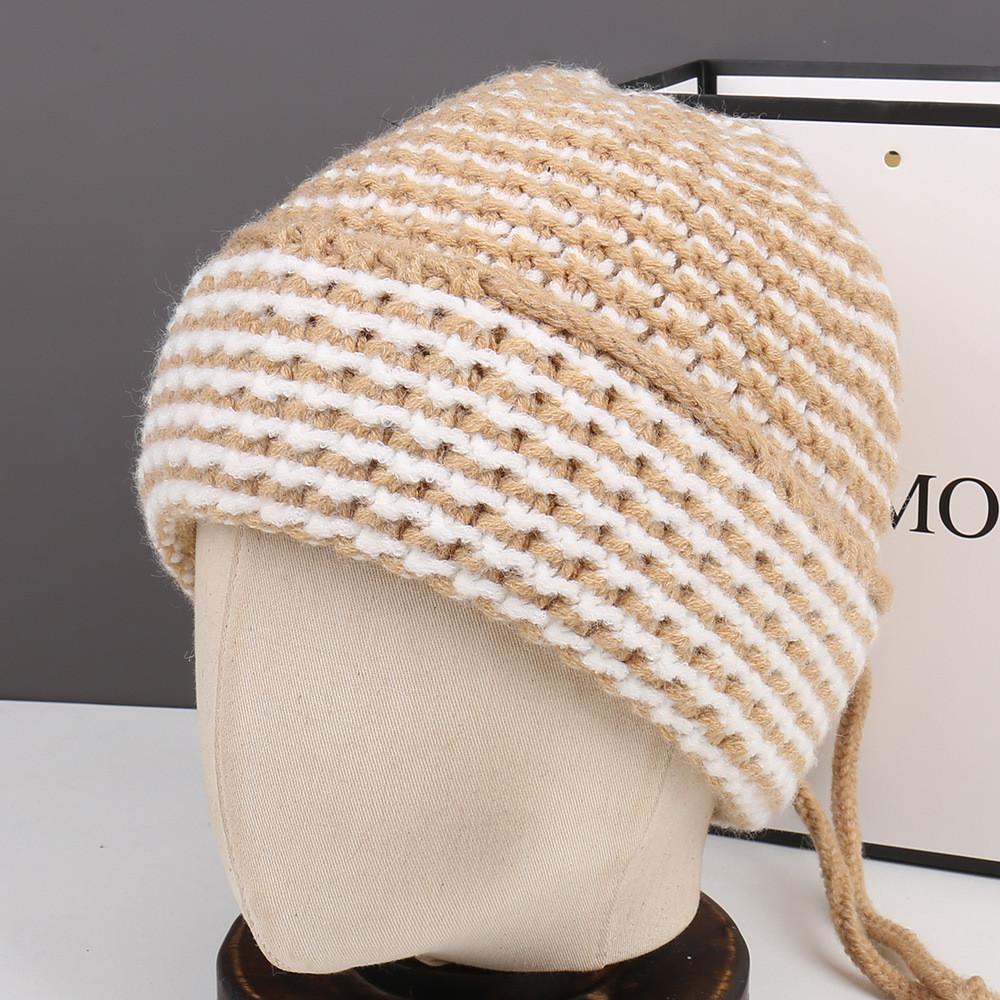 

Knit Wool Hat Women Autumn Winter Cozy Beanie With Stripe Pattern For Daily Outdoor Use Style A