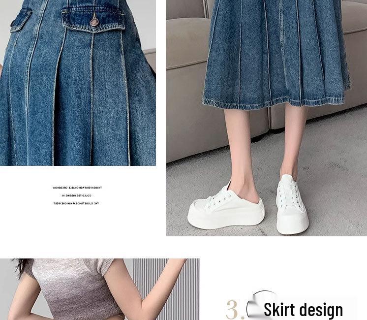 2023 Summer Retro Pleated Denim Midi Skirt: Women's High Waist A-line Design