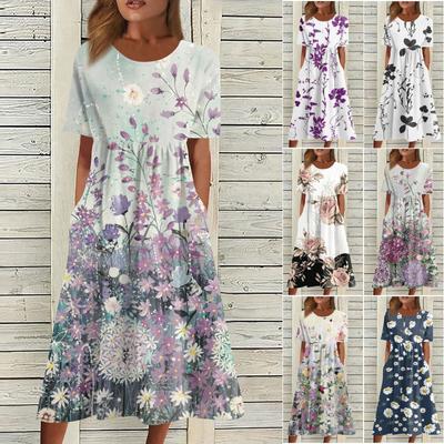 Women's Casual Dresses Printed Dresses Summer Dresses Printed Pleated Round Neck Midi Dresses Basic Classic Outdoor Daily Short Sleeve Loose Dresses