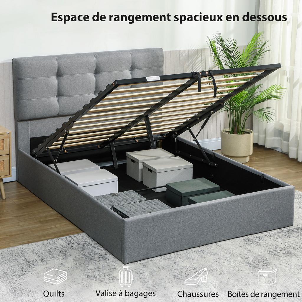 Lit coffre 140x190, Cadre de lit double rembourré avec sommier à lattes en bois et rangement caché, sans matelas, Gris