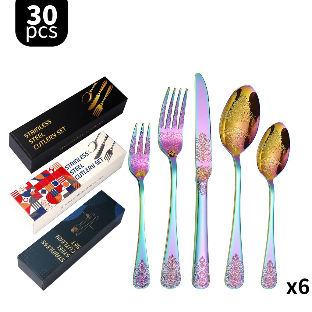 Double-Headed Flower Pattern Tableware Knife, Fork and Spoon 430 Stainless Steel Advanced Western Tableware 5 Main Pieces Suit