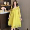 Ling Lei Chunqiu Solid Color V-Neck Lace Bow Mesh Court Princess Style Medium Long Pajamas Pajamas Homewear