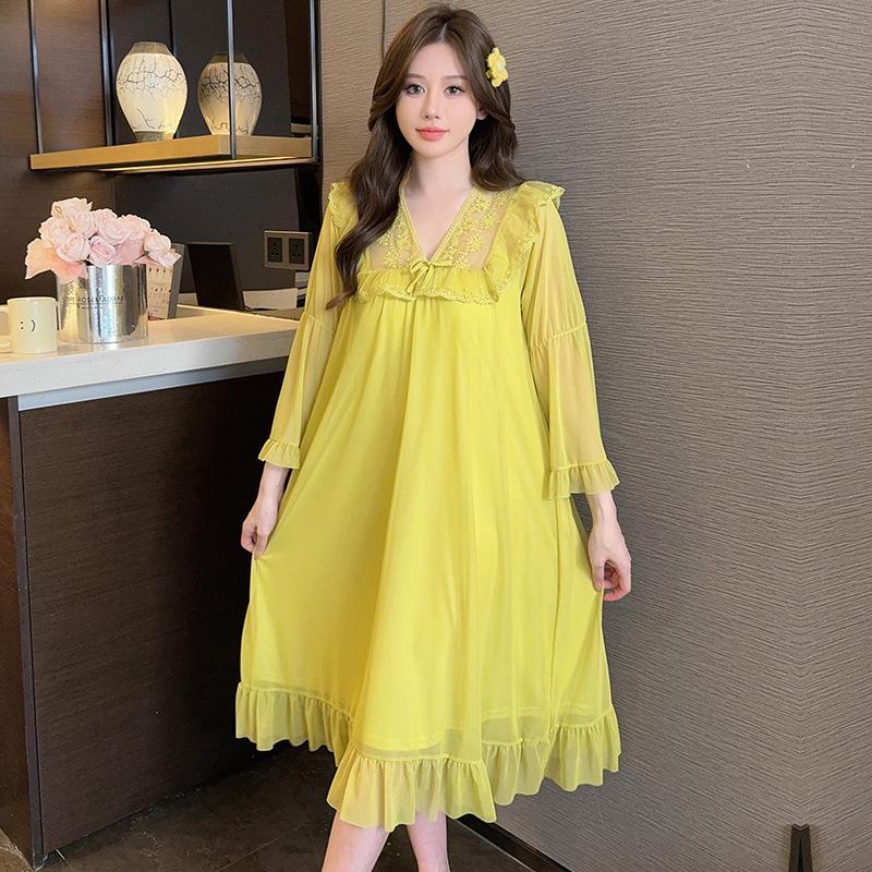 Ling Lei Chunqiu Solid Color V-Neck Lace Bow Mesh Court Princess Style Medium Long Pajamas Pajamas Homewear
