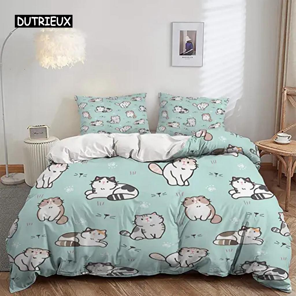 Cartoon Cats Green Duvet Cover Cute Cartoon Cats Pet Bedspread Printed Duvet Cover Set for Boys Girls for Room Decoration Gifts