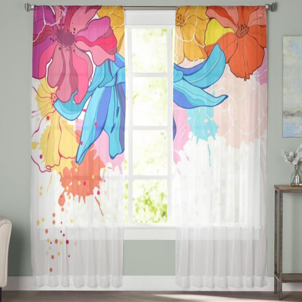 Watercolor Sheer Curtains For Living Room Colored Flowers Bedroom Tulle Curtains Kitchen Window Treatments Panel Drapes