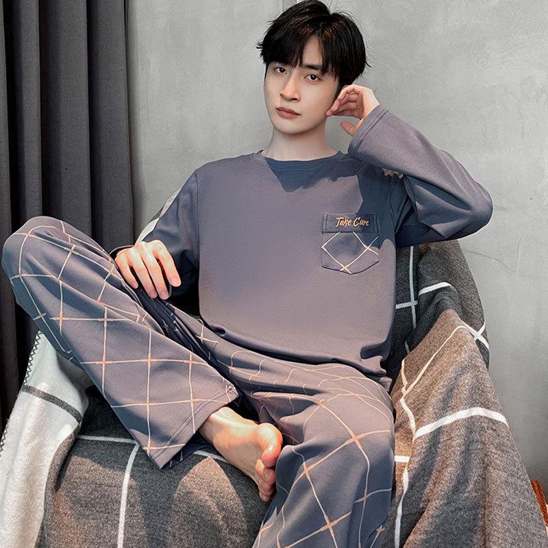 

Мужской пижамный комплект с длинными рукавами из 100% хлопка — повседневный, с круглым вырезом, можно носить на улице, идеально подходит для весны и осени L