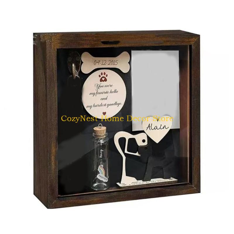92MF Pet Memorial Gift Shadows Box Collar Holders Picture Frame Dog Wooden Sculpture Bottle Keepsakes Gift Wall Hangings