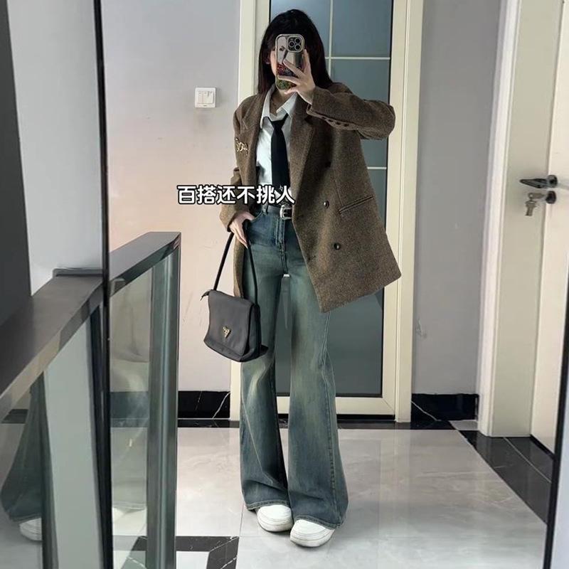 New American high-waisted velvet slightly pulled jeans, autumn and winter retro large-size fat mm floor-mopping flared pants