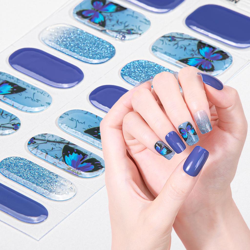 16Tips Sparkly Semi Cured Gel Nail Strips Shining Butterfly Long Lasting Self-Adhesive Gel Nail Wraps Full Cover UV Nail Sticker