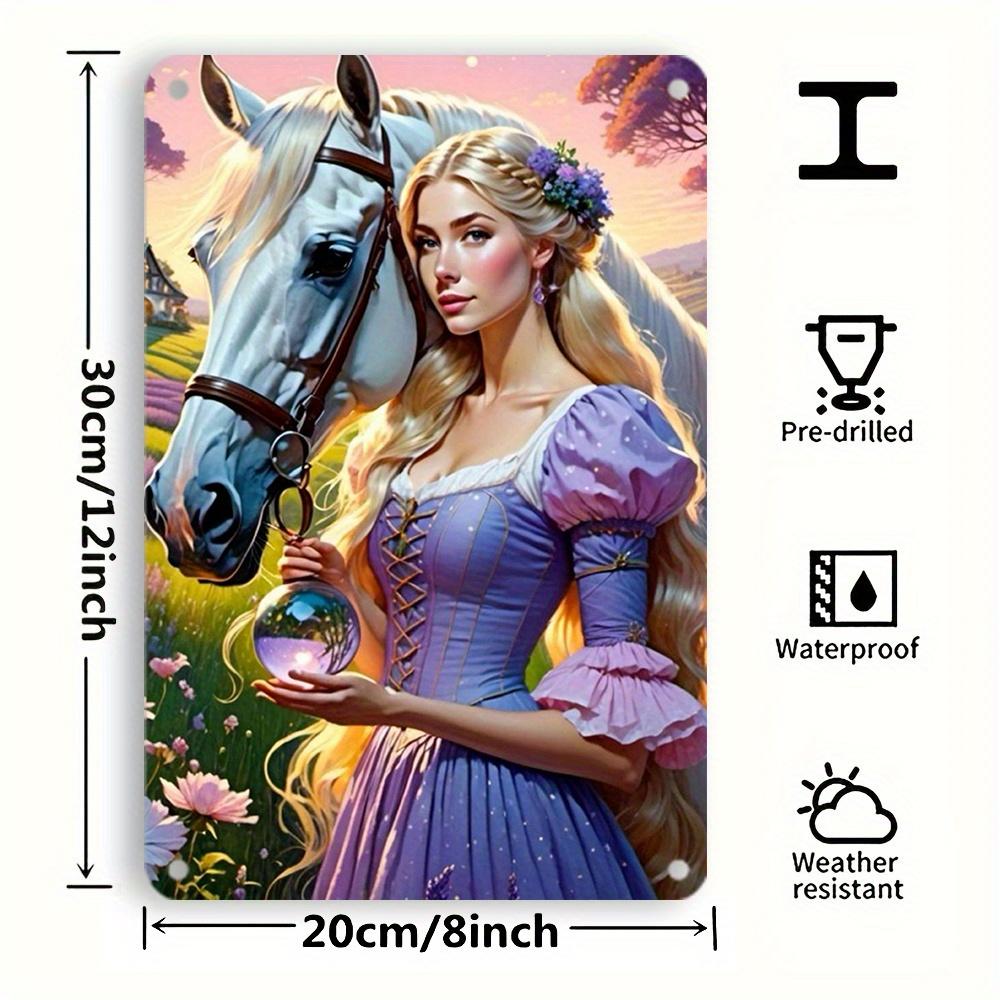 1pc Enchanted Forest Scene Metal Tin Sign 8x12 Inch - Vintage Wall Art with Princess, White Horse & Magical Orb, Perfect for Hom