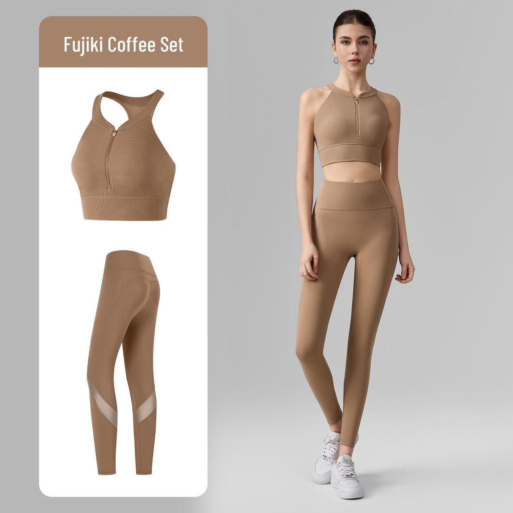 Women's High-Intensity Yoga Set: Zipper Sports Bra & Mesh Leggings with Pocket