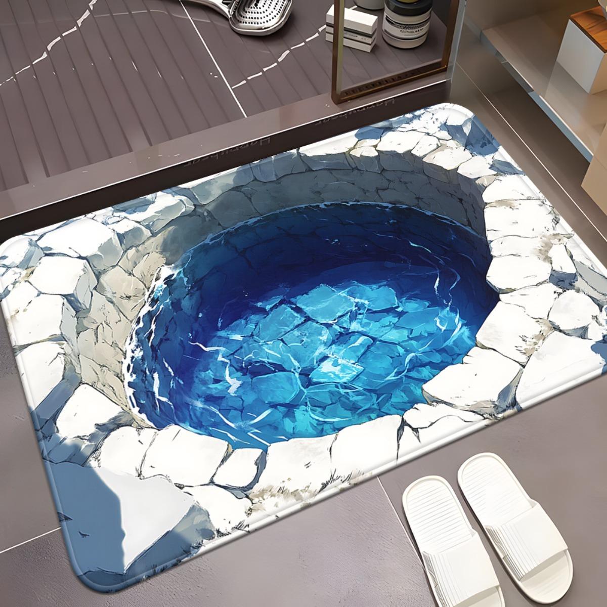 

3D Illusion Swimming Pool Rug Realistic Blue Water Design with Stone Border Non-Slip Floor Mat for Home Decor 40cm x 60cm