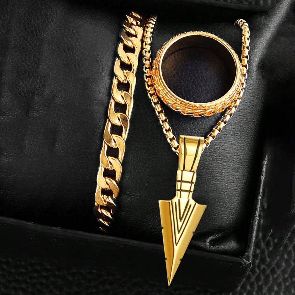 Men's 3pcs Europe and America Golden and Black Cross Arrow Pendant Necklace Bracelet & Ring Jewelry Set
