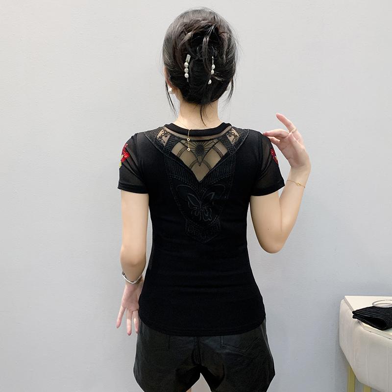 Designer Cross V-neck Shiny Hot Diamond Mesh T-shirt Summer High Quality Short Sleeve Tees Women's Tops