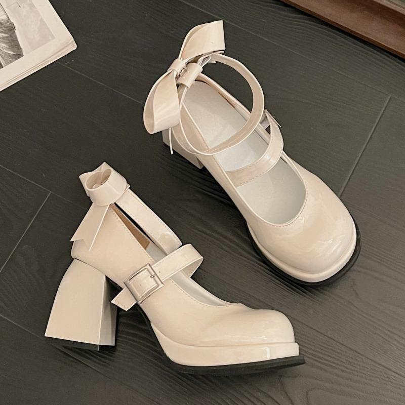Fashion Women's Spring New Single Shoes Round Head Shallow Bow Thick Sole Anti-slip Wear High Heel Mary Jane Shoes
