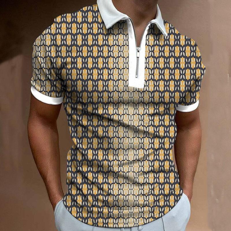 Geometric Pattern Short-Sleeve Zip Polo Shirt, Stylish Casual Men's Top