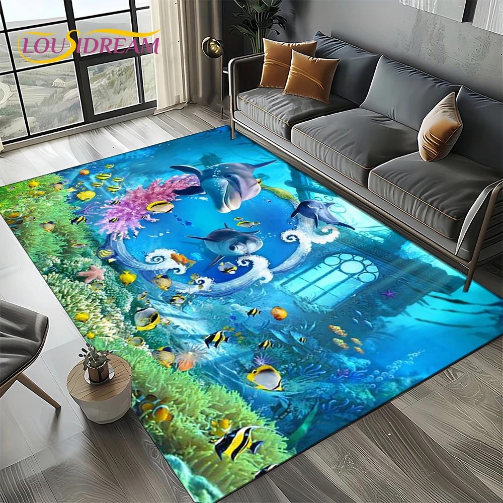 Underwater World 3D Illusion Seabed Cartoon Shark Dolphin Carpet Rug for Living Room Bedroom Home Sofa Decoration,Floor Mat Kid