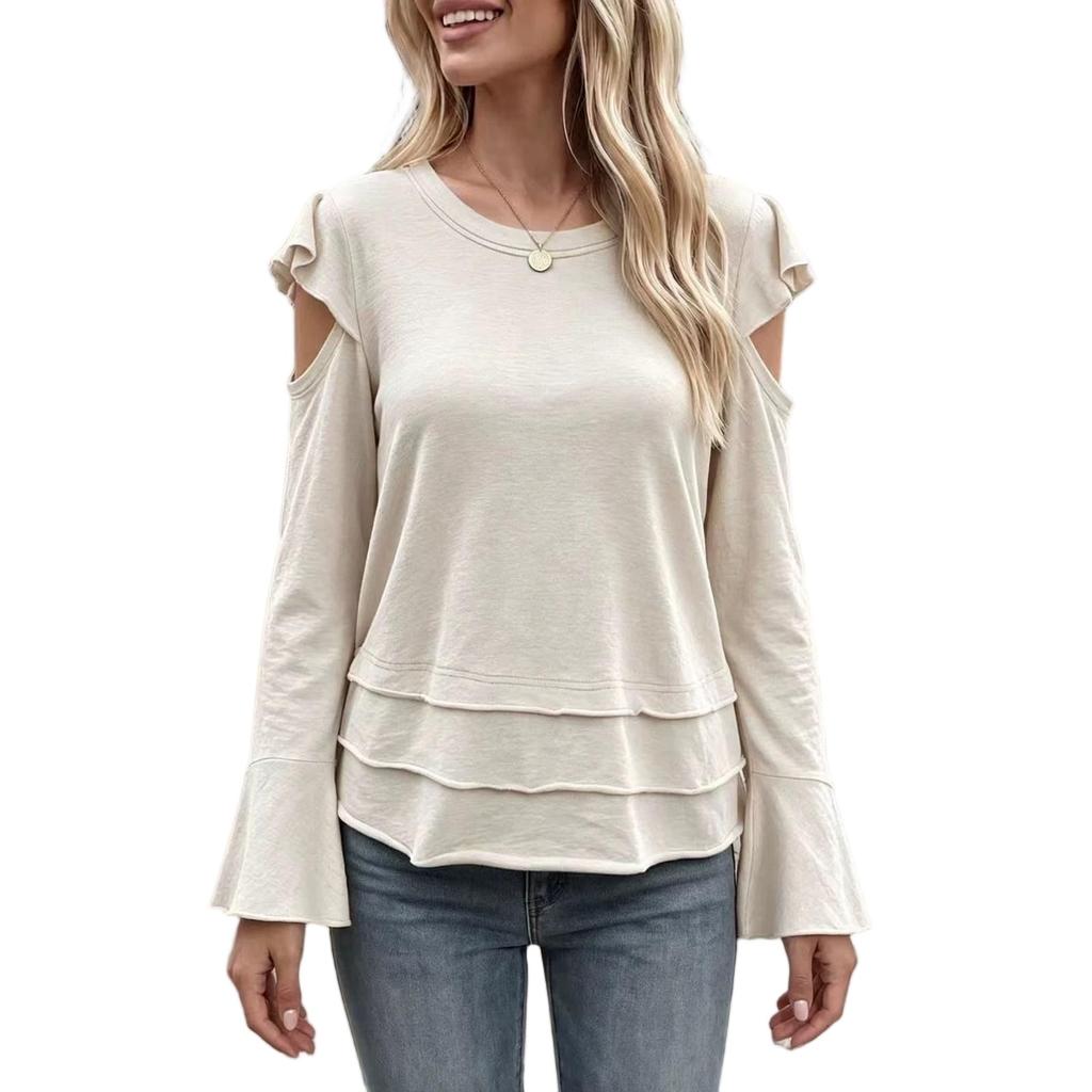 Women's Fashion Casual Long Sleeve Top with Off-Shoulder Ruffle and Hem