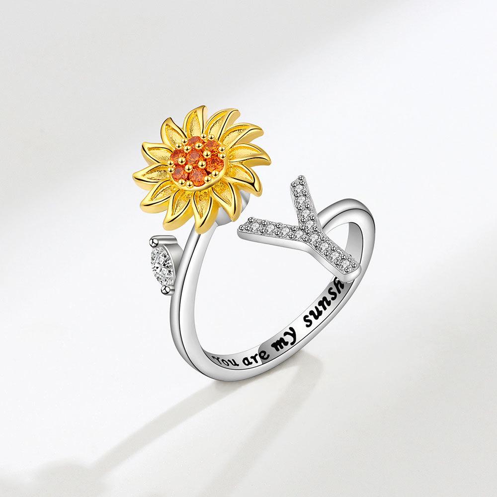 Creative Sunflower Rotating Ring 26 Letters Adjustable Open Design Women's Fashion Finger Jewelry Daily Wear & Gift Accessories
