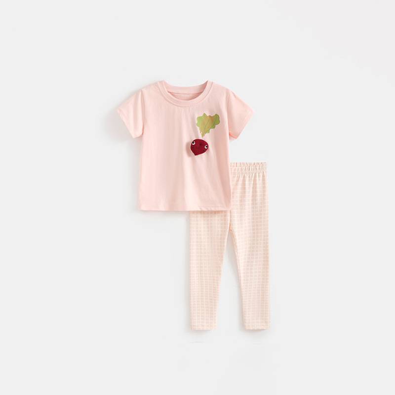 Girl Summer Cotton Cartoon Twopiece Set With Tshirt And Pants For Kids