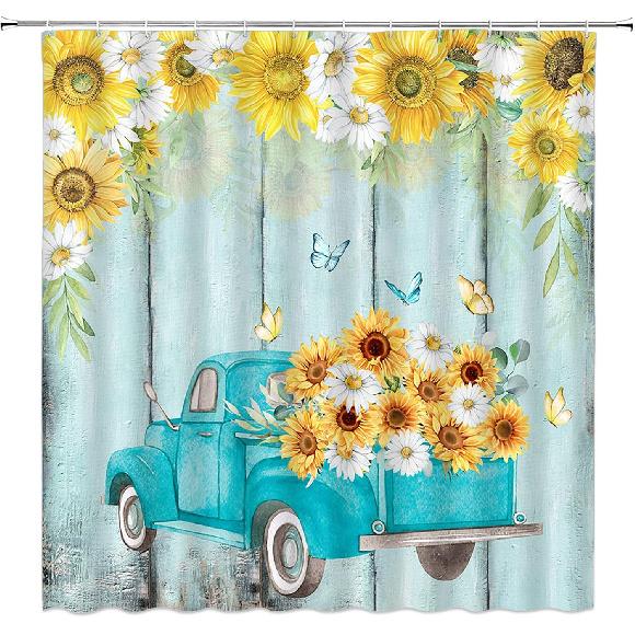 Rustic Sunflower Truck Shower Curtain Yellow Floral Butterfly Teal Wooden Board Antique Car Flower Farmhouse Vintage Country Retro Fabric Bathroom